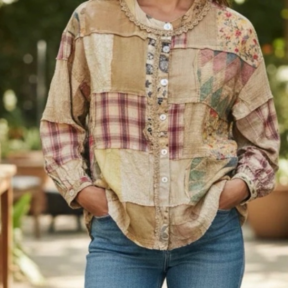 Boho Patchwork Button-Front Women's Top in Beige … - image 1